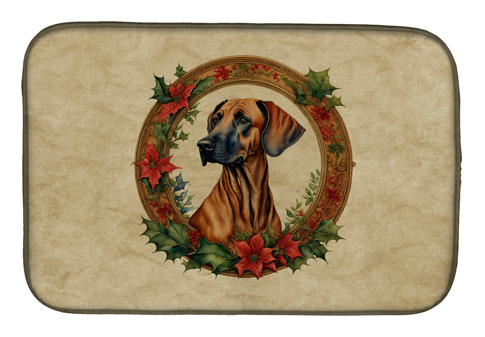 Caroline's Treasures Rhodesian Ridgeback Christmas Flowers Dish Drying Mat
