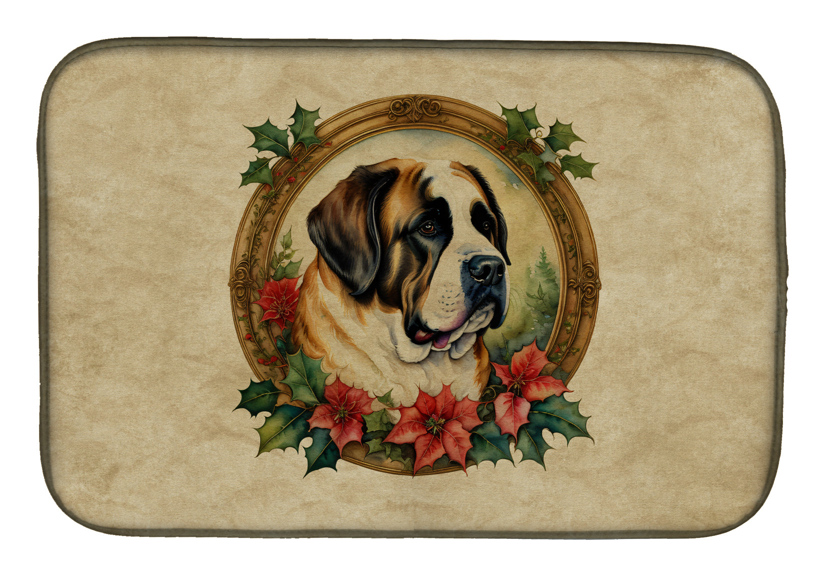 Caroline's Treasures Saint Bernard Christmas Flowers Dish Drying Mat