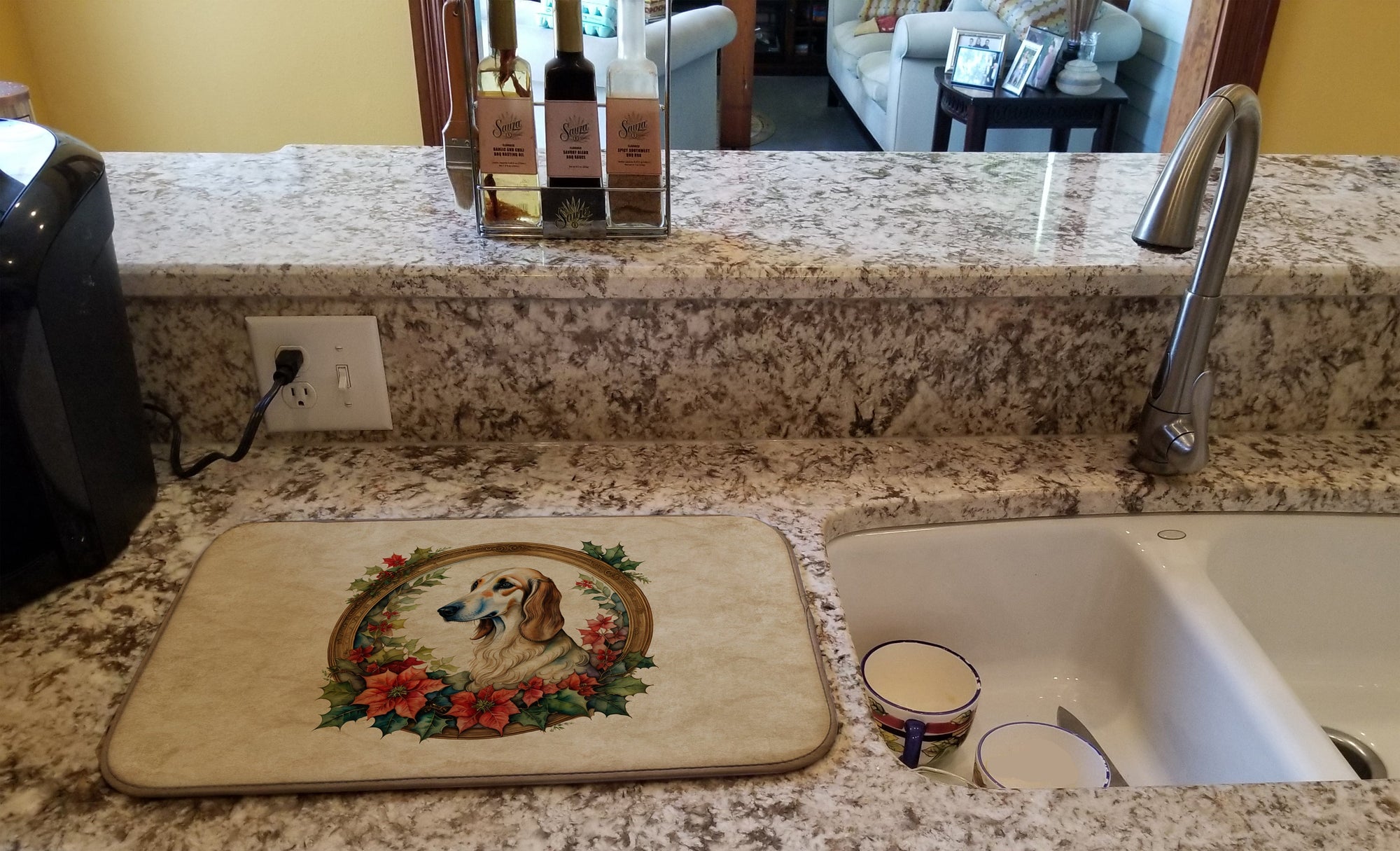 Caroline's Treasures Saluki Christmas Flowers Dish Drying Mat