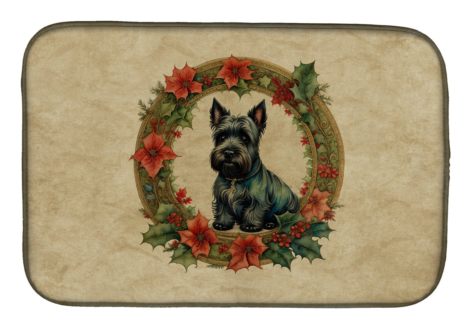 Caroline's Treasures Scottish Terrier Christmas Flowers Dish Drying Mat