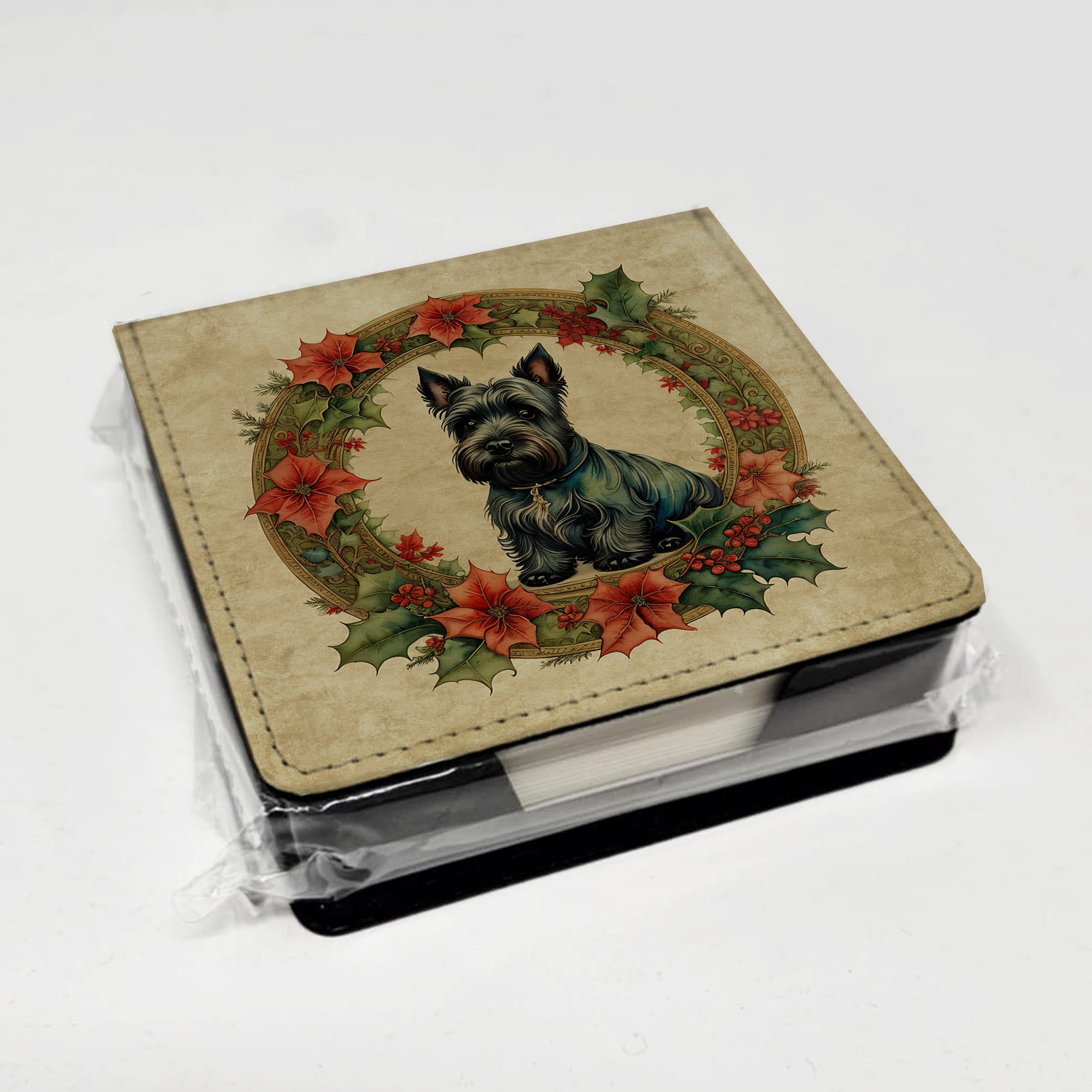 Caroline's Treasures Scottish Terrier Christmas Flowers PU Leather Note Paper Holder