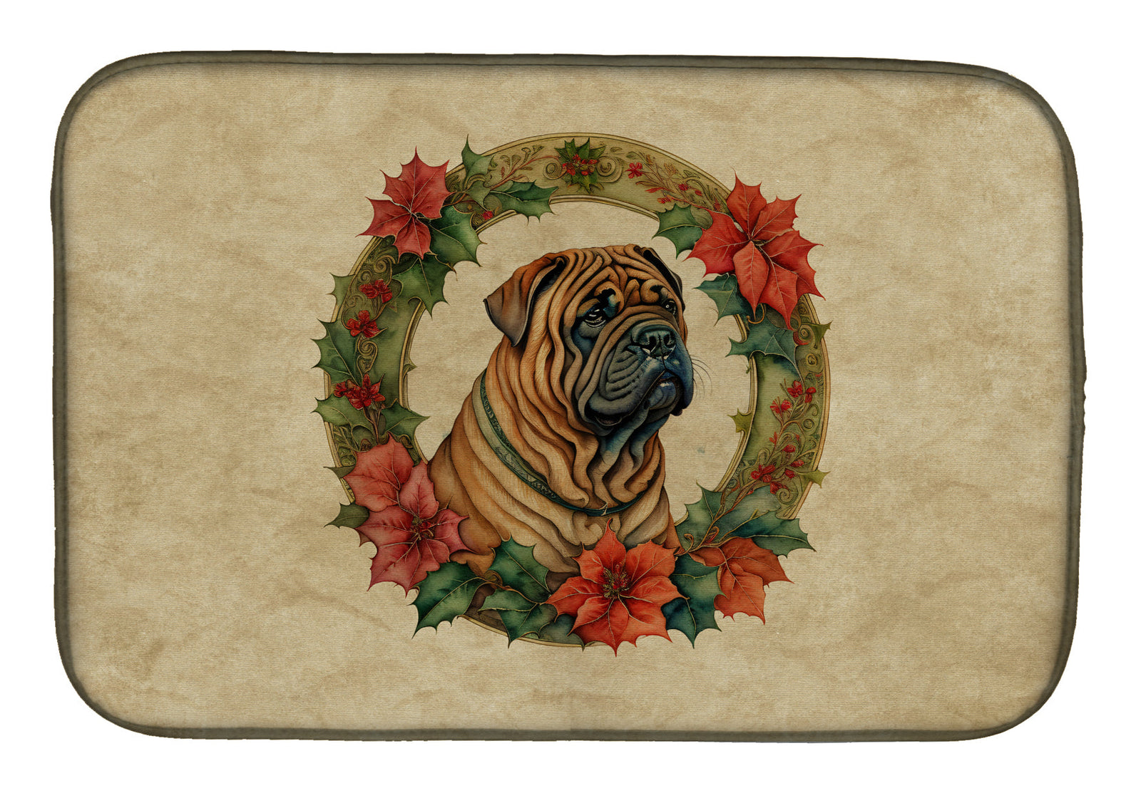 Caroline's Treasures Shar Pei Christmas Flowers Dish Drying Mat