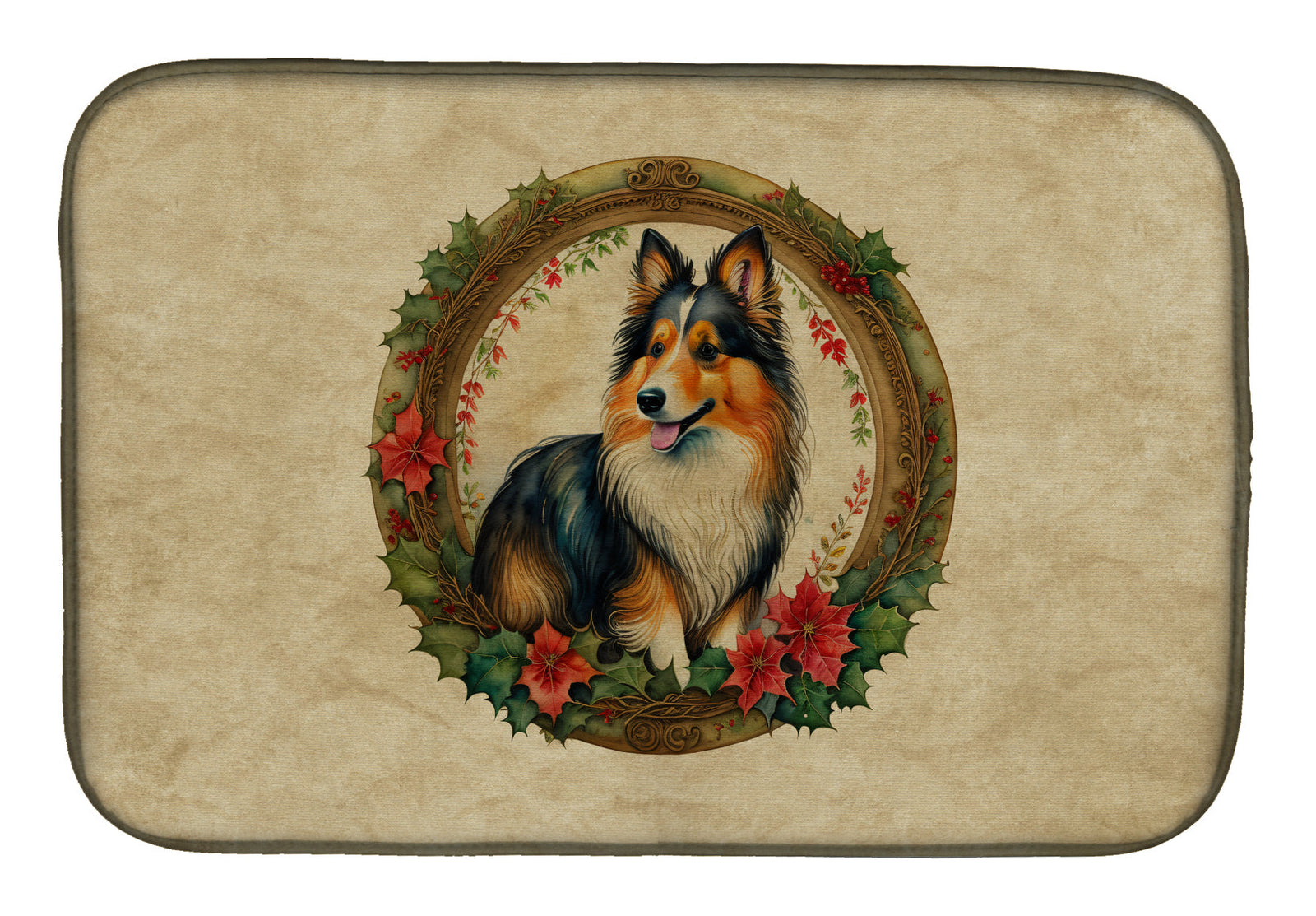 Caroline's Treasures Sheltie Christmas Flowers Dish Drying Mat