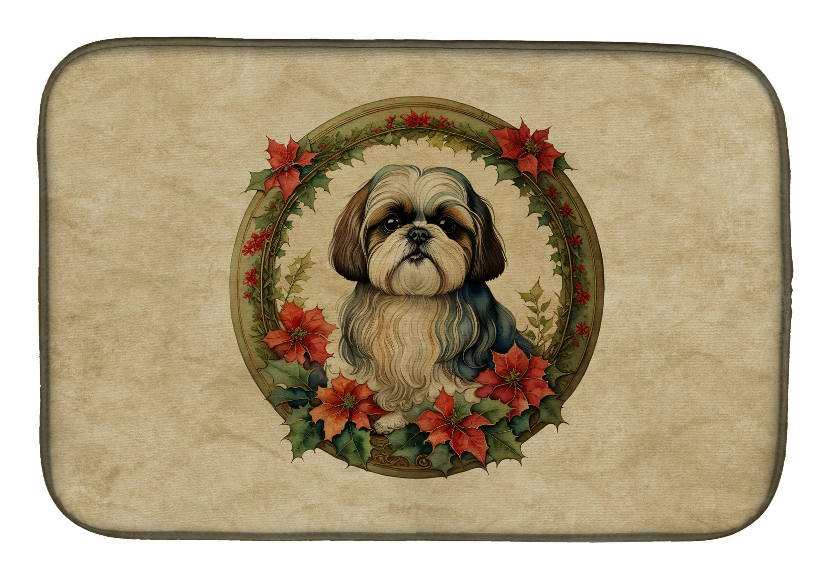 Caroline's Treasures Shih Tzu Christmas Flowers Dish Drying Mat