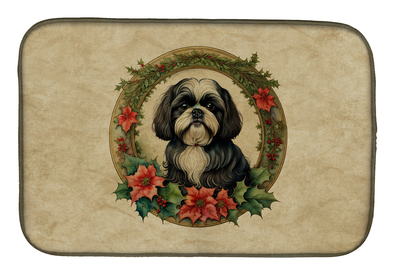 Caroline's Treasures Shih Tzu Christmas Flowers Dish Drying Mat
