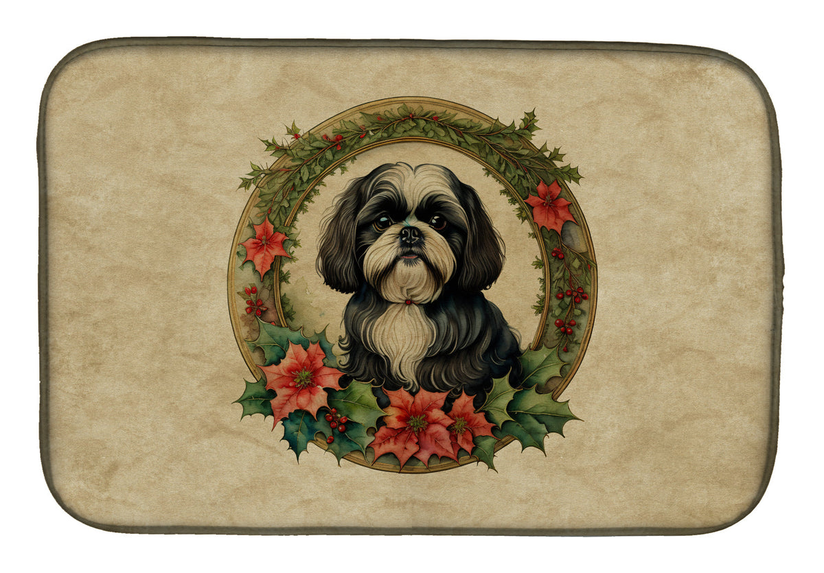 Caroline's Treasures Shih Tzu Christmas Flowers Dish Drying Mat