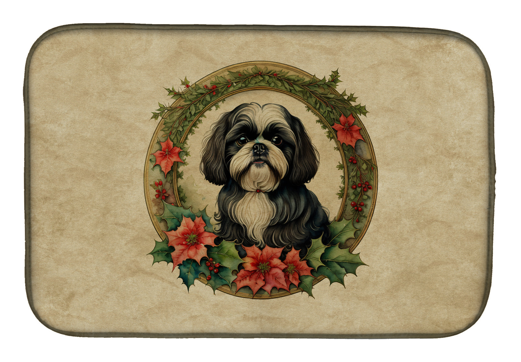 Caroline's Treasures Shih Tzu Christmas Flowers Dish Drying Mat