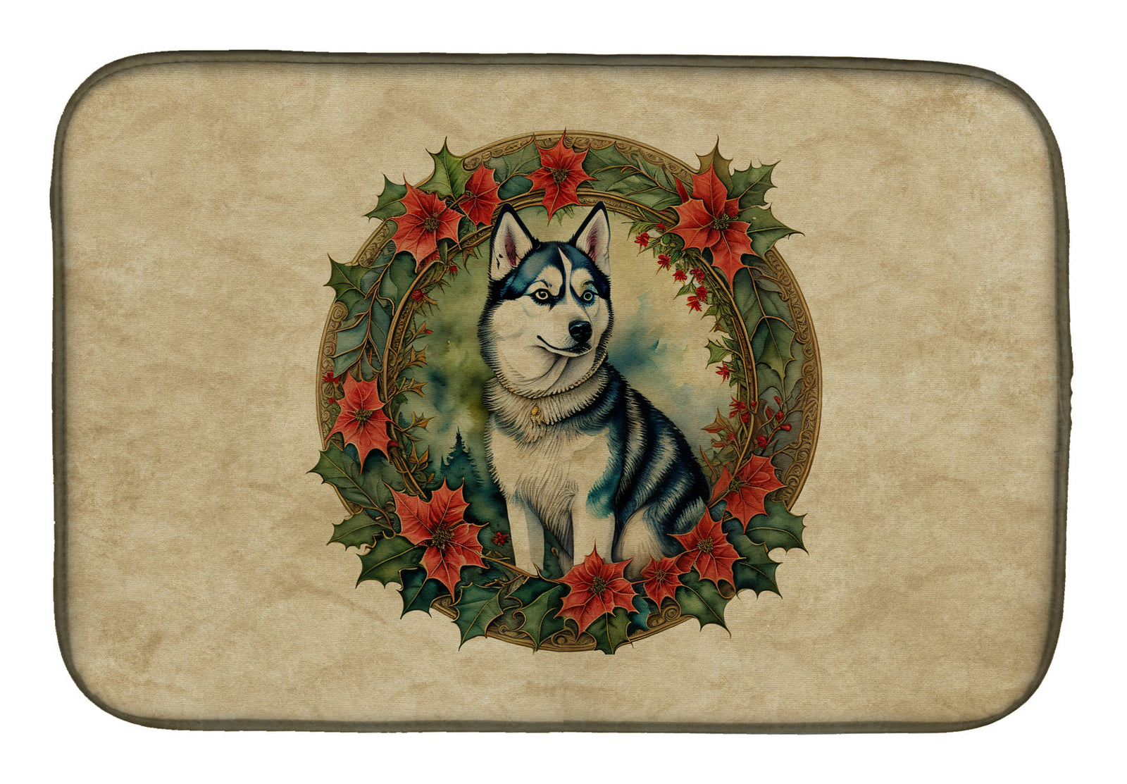Caroline's Treasures Siberian Husky Christmas Flowers Dish Drying Mat