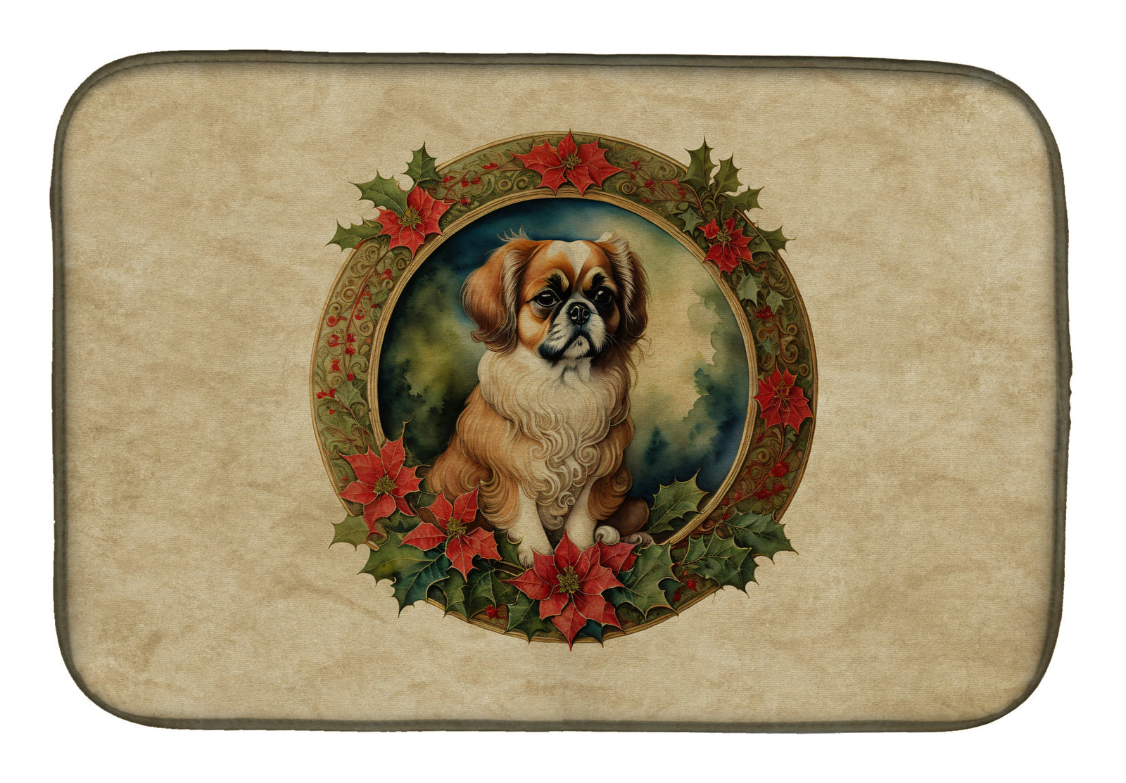 Caroline's Treasures Tibetan Spaniel Christmas Flowers Dish Drying Mat
