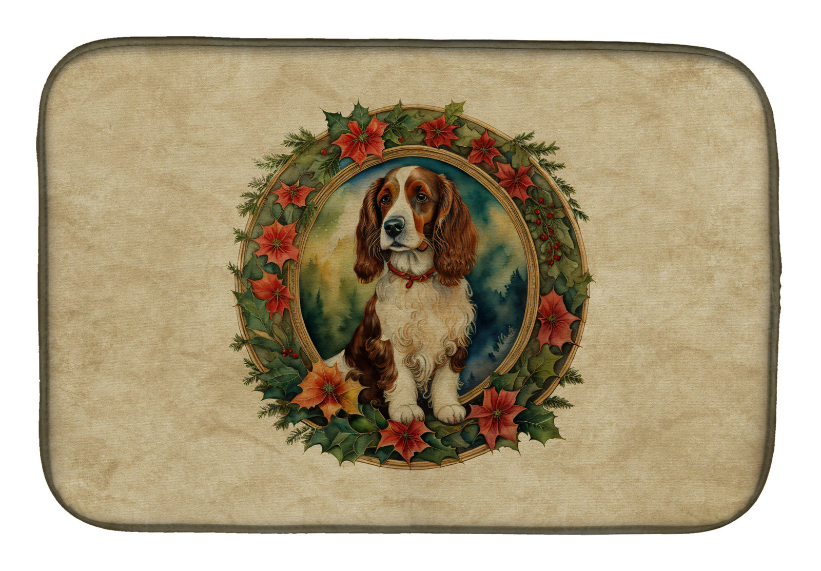 Caroline's Treasures Welsh Springer Spaniel Christmas Flowers Dish Drying Mat