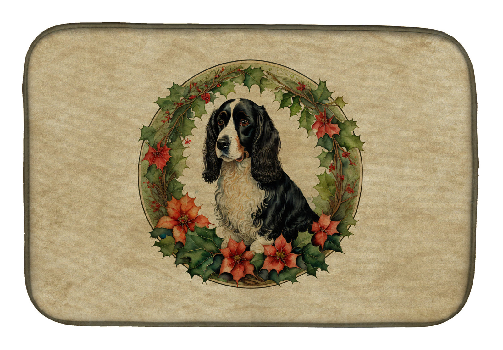 Caroline's Treasures Welsh Springer Spaniel Christmas Flowers Dish Drying Mat