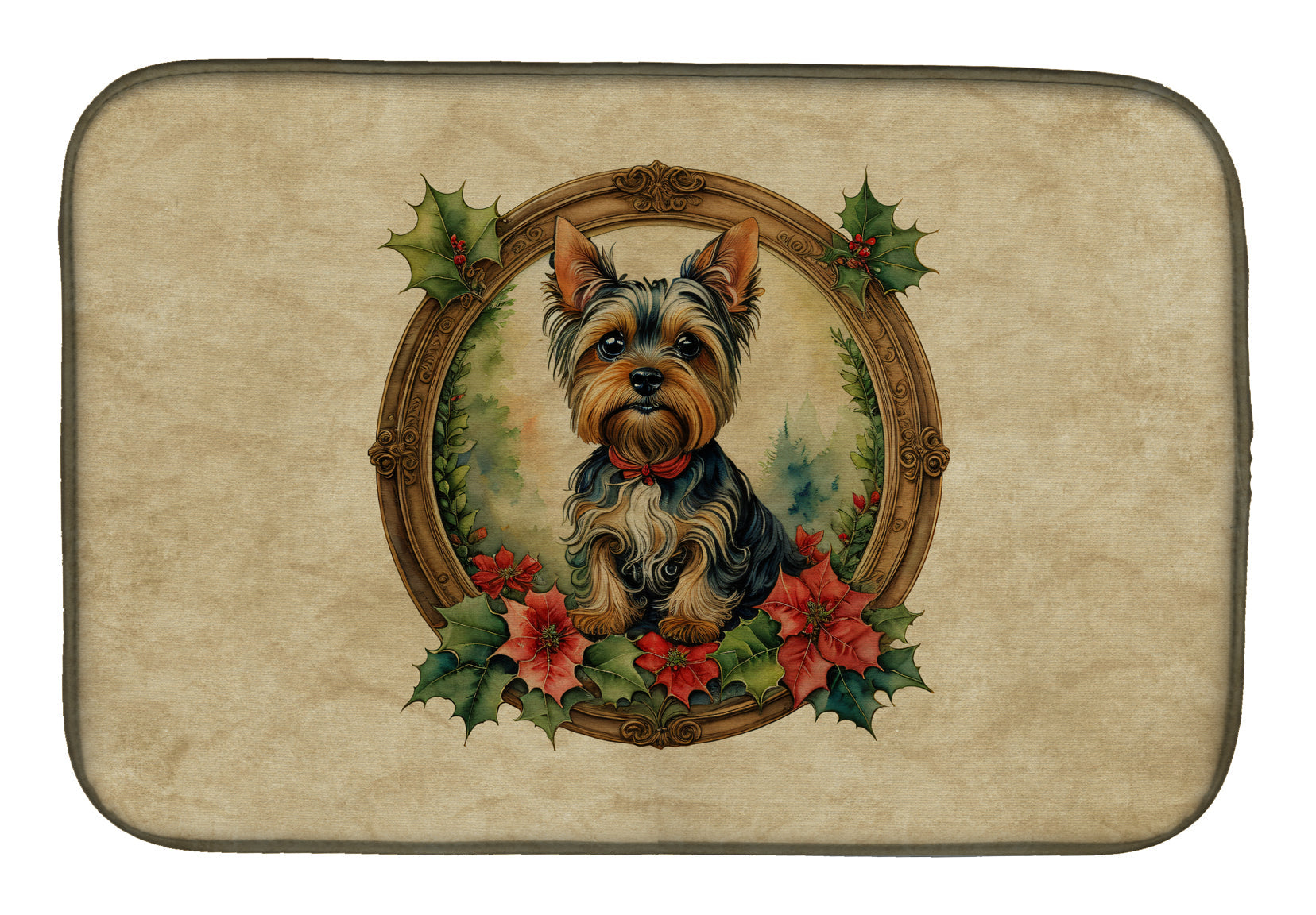Caroline's Treasures Yorkie Christmas Flowers Dish Drying Mat