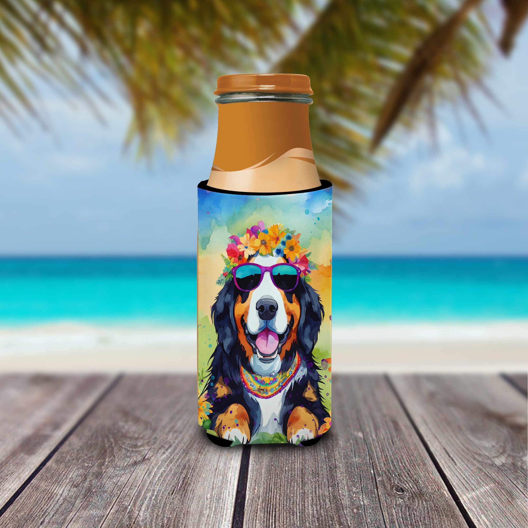 Bernese Mountain Dog Hippie Dawg Hugger for Ultra Slim Cans