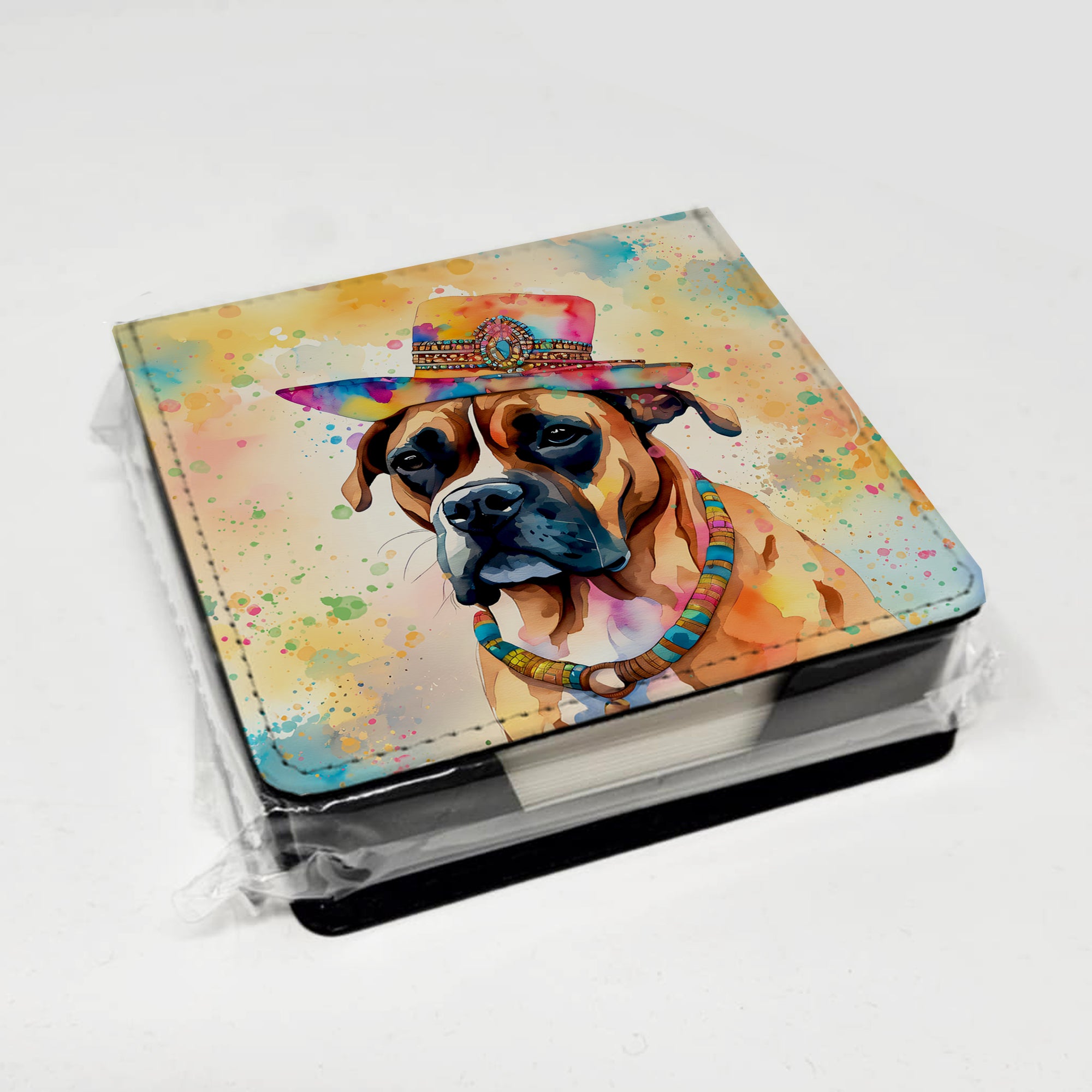 Caroline's Treasures Boxer Hippie Dawg PU Leather Note Paper Holder