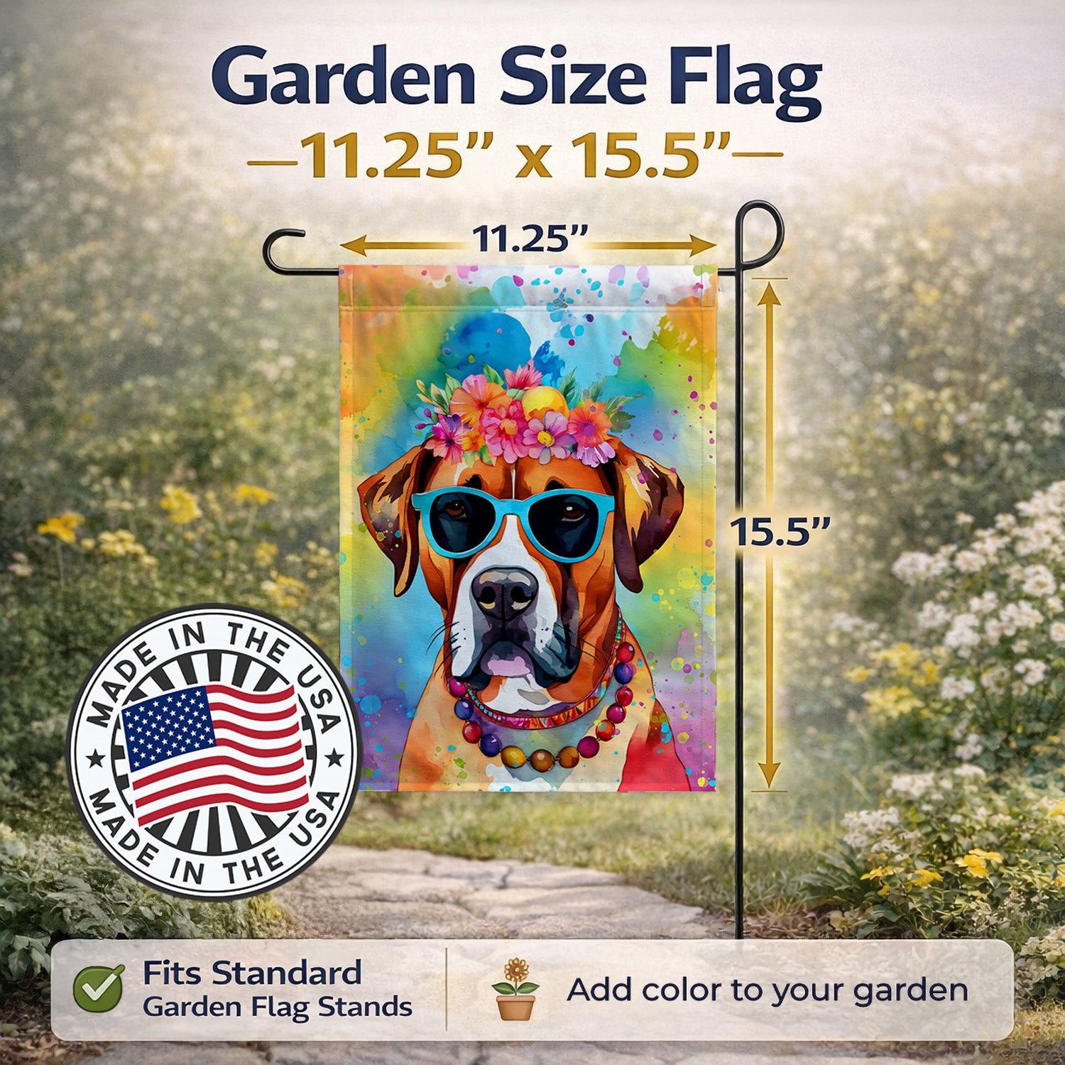 Caroline's Treasures Boxer Hippie Dawg Garden Flag Mailbox Decorative Yard Banner Outside Patio Artwork for Flower Beds, Garden Size, Multicolor