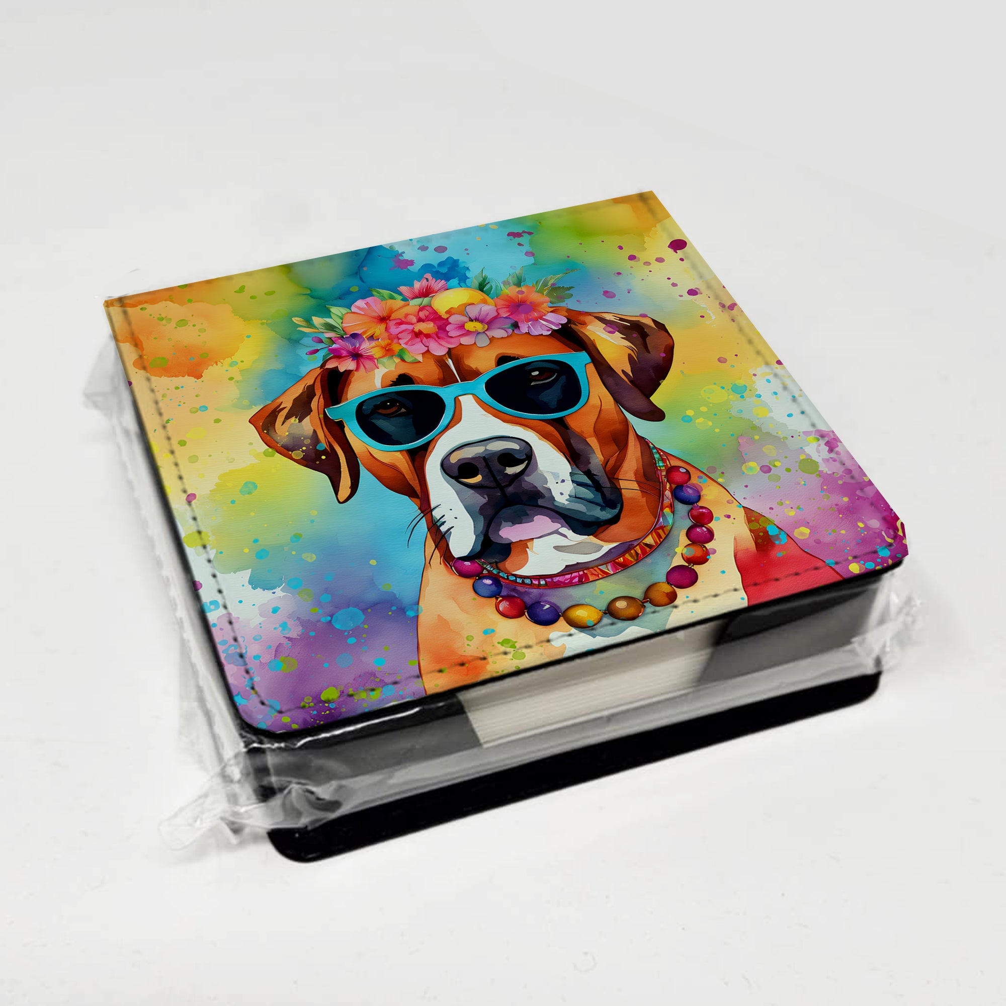 Caroline's Treasures Boxer Hippie Dawg PU Leather Note Paper Holder