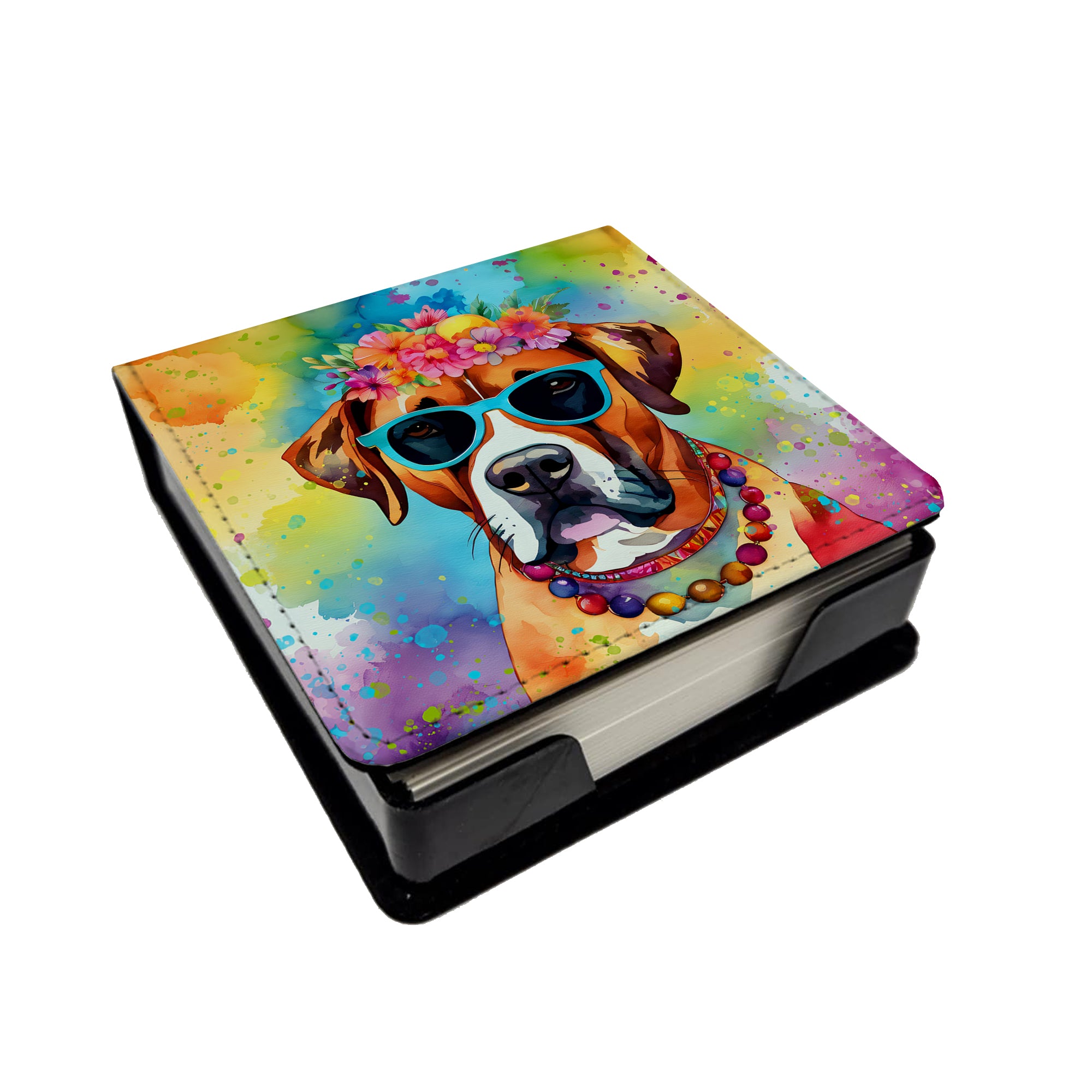 Caroline's Treasures Boxer Hippie Dawg PU Leather Note Paper Holder