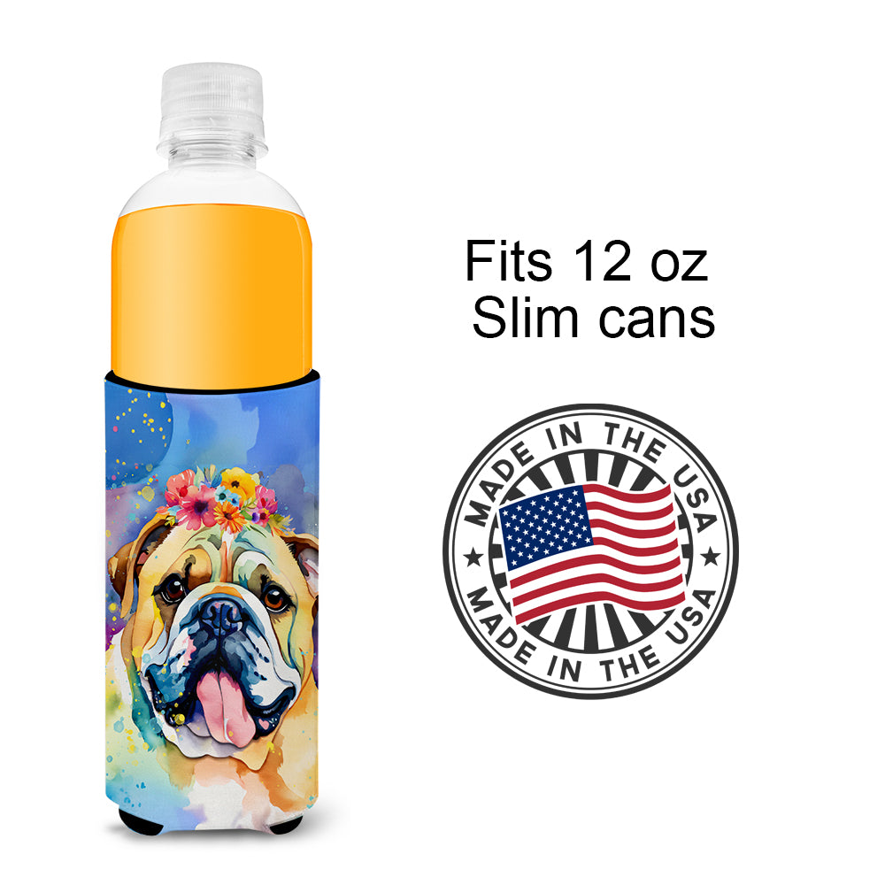 English Bulldog Hippie Dawg Hugger for Ultra Slim Cans