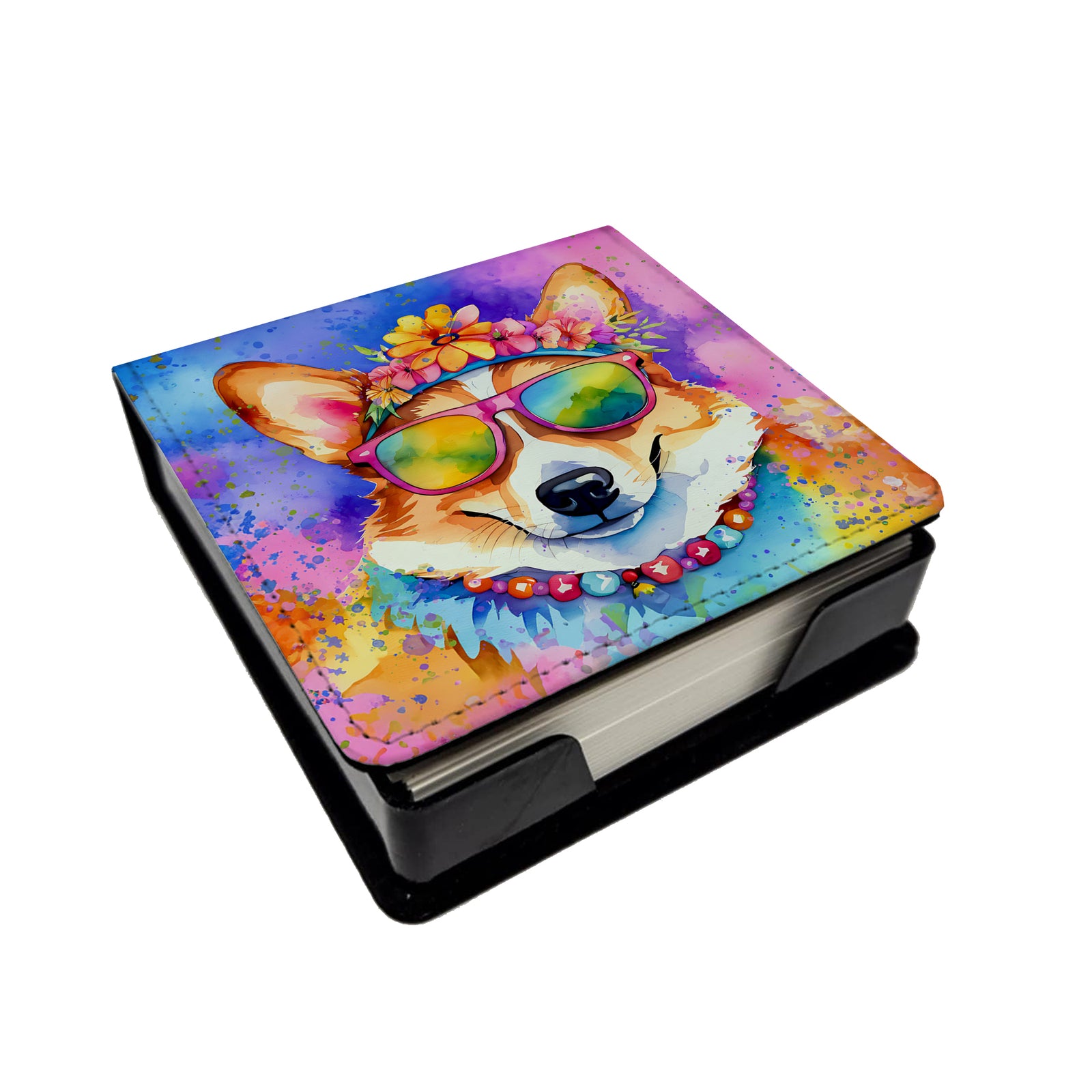 Caroline's Treasures Corgi Hippie Dawg PU Leather Note Paper Holder