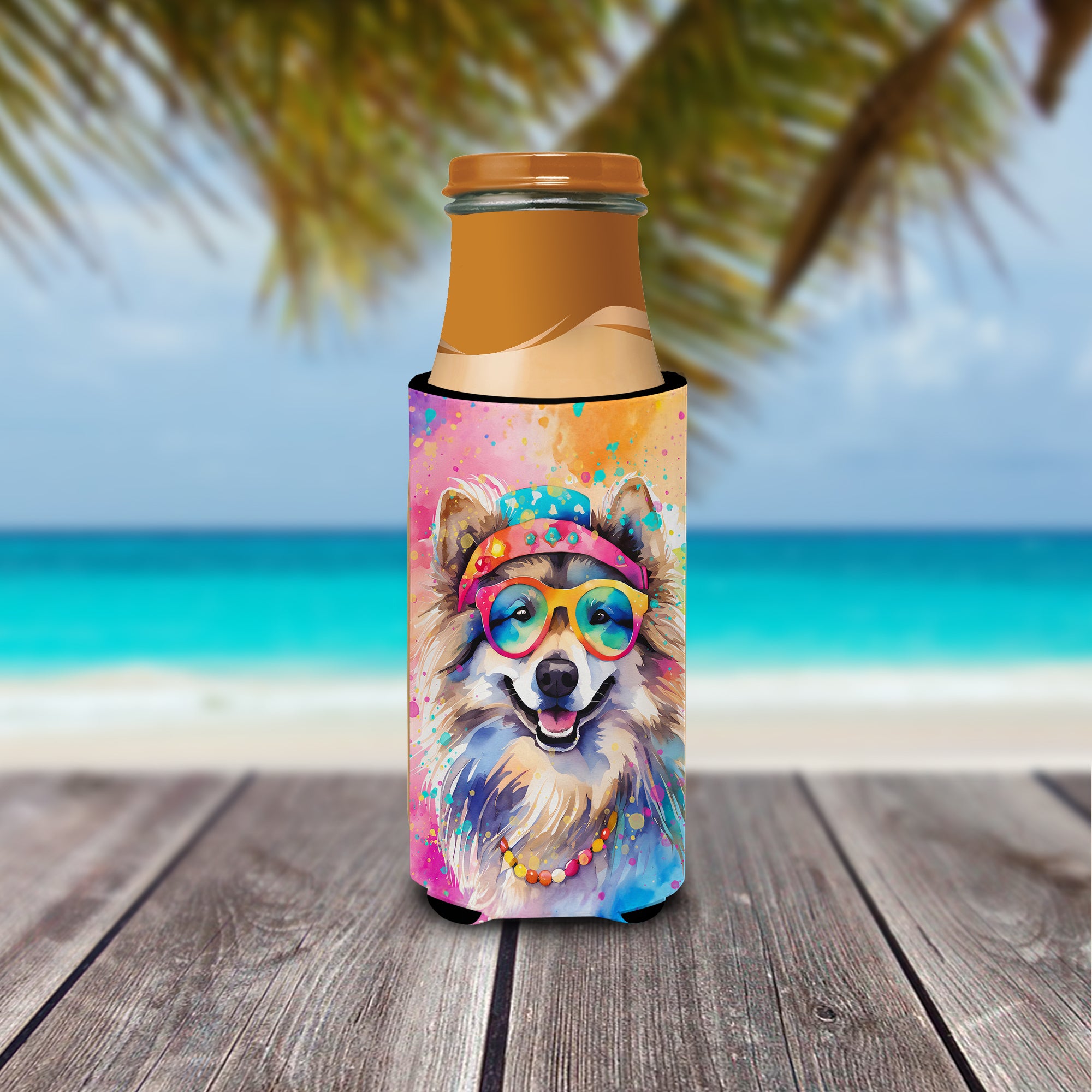 Keeshond Hippie Dawg Hugger for Ultra Slim Cans