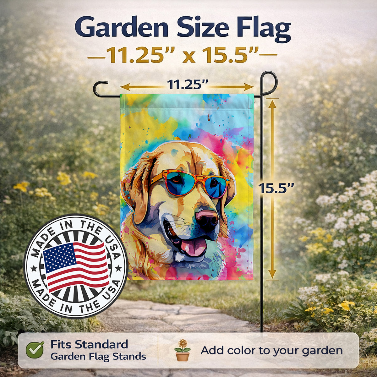 Caroline's Treasures Yellow Labrador Hippie Dawg Garden Flag Mailbox Decorative Yard Banner Outside Patio Artwork for Flower Beds, Garden Size, Multicolor