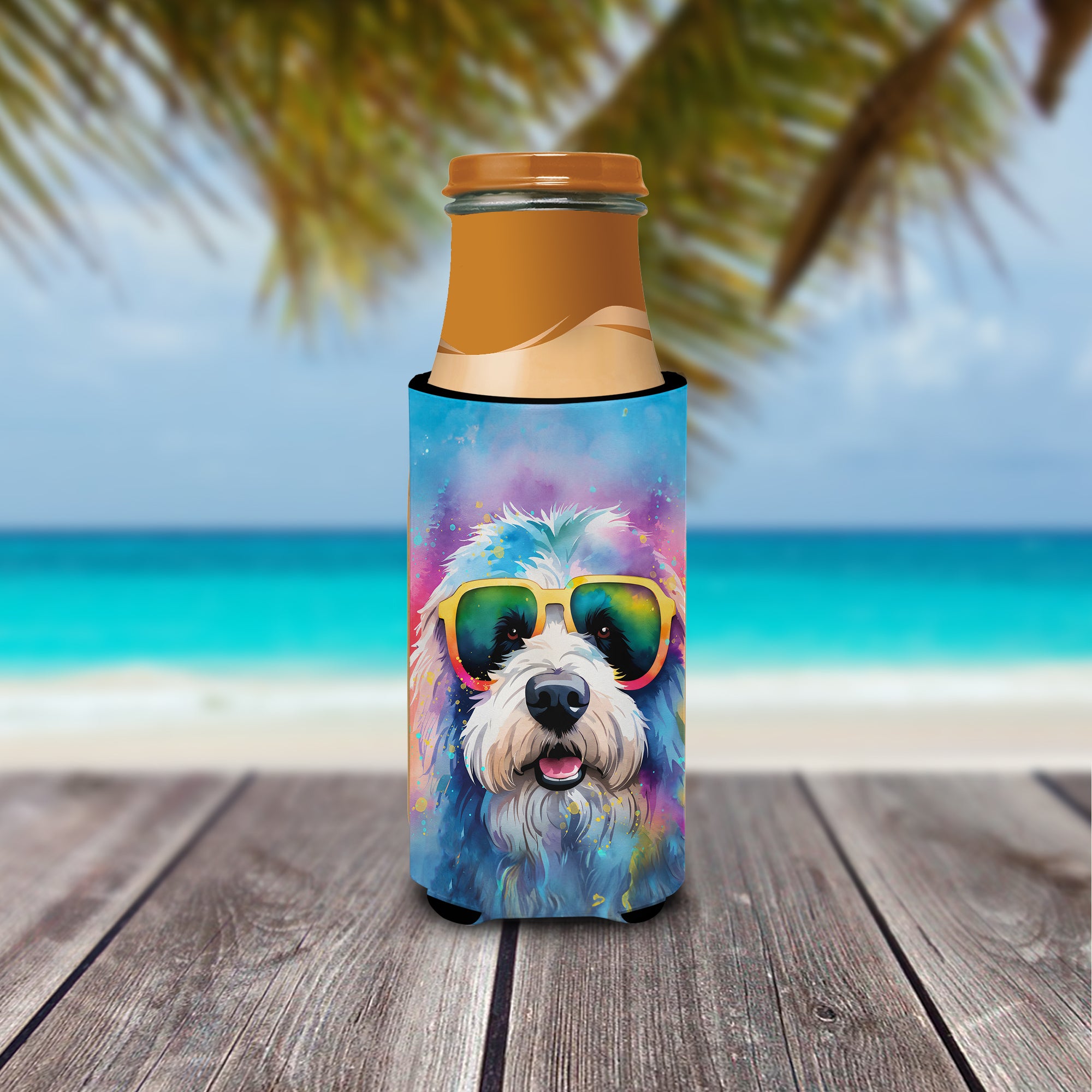Old English Sheepdog Hippie Dawg Hugger for Ultra Slim Cans