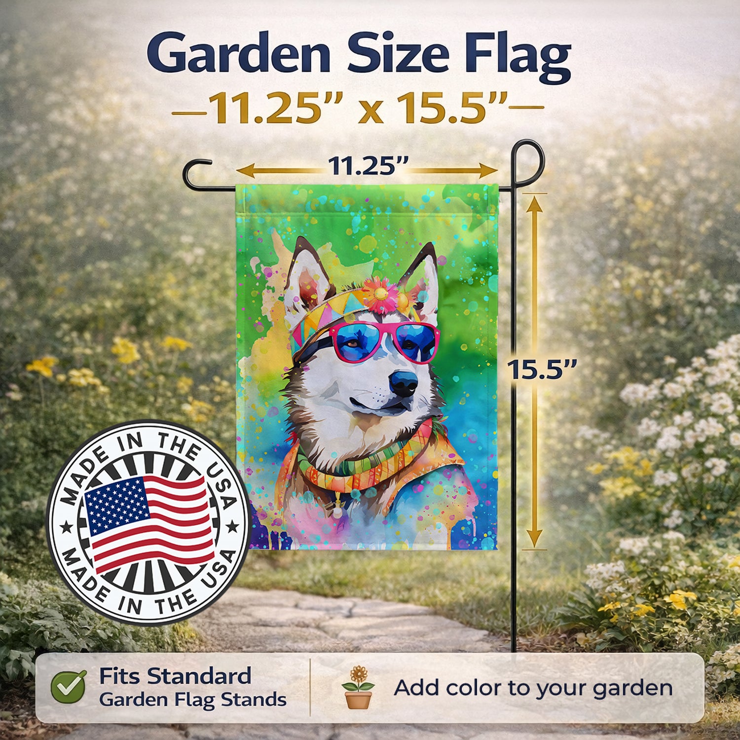 Caroline's Treasures Siberian Husky Hippie Dawg Garden Flag Mailbox Decorative Yard Banner Outside Patio Artwork for Flower Beds, Garden Size, Multicolor