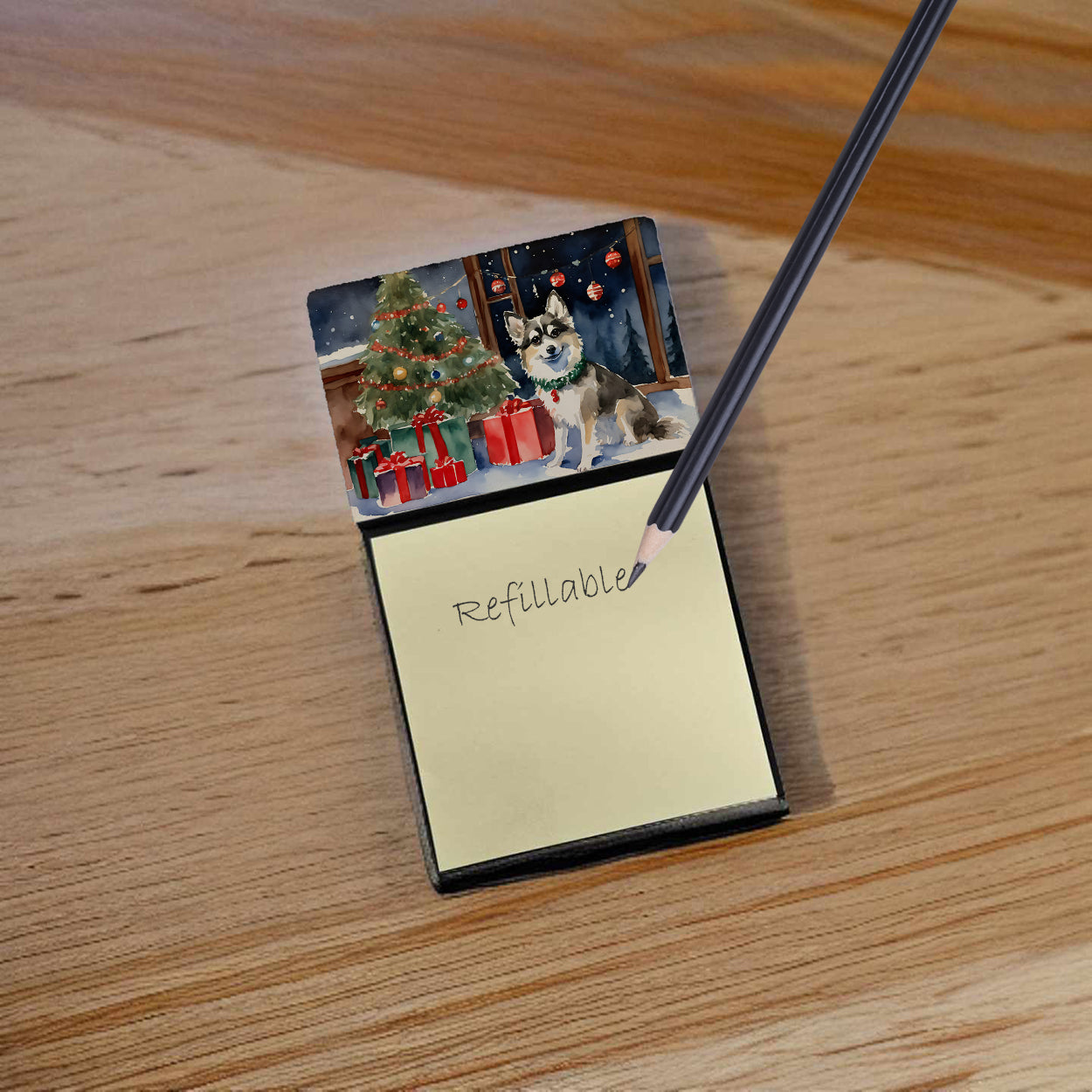 Caroline's Treasures Alaskan Klee Kai Cozy Christmas Sticky Note Holder- Refiilable Desk Accessory Note Pad