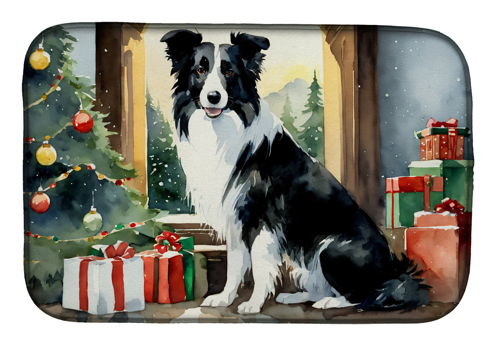 Caroline's Treasures Border Collie Cozy Christmas Dish Drying Mat