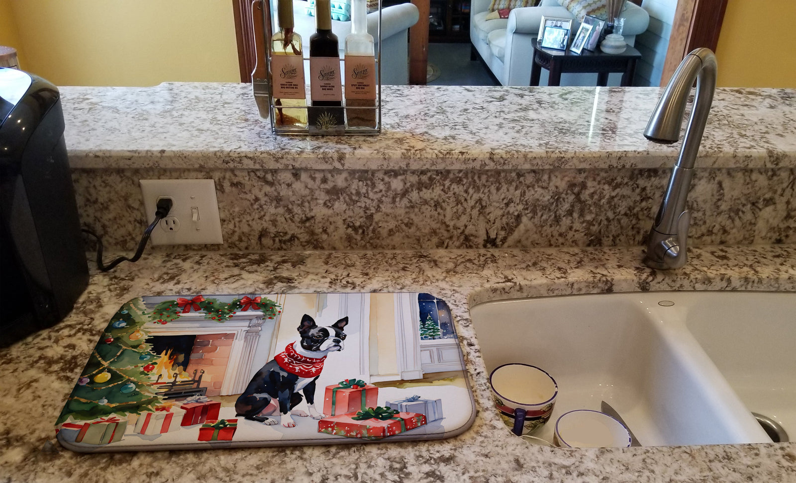 Caroline's Treasures Boston Terrier Cozy Christmas Dish Drying Mat