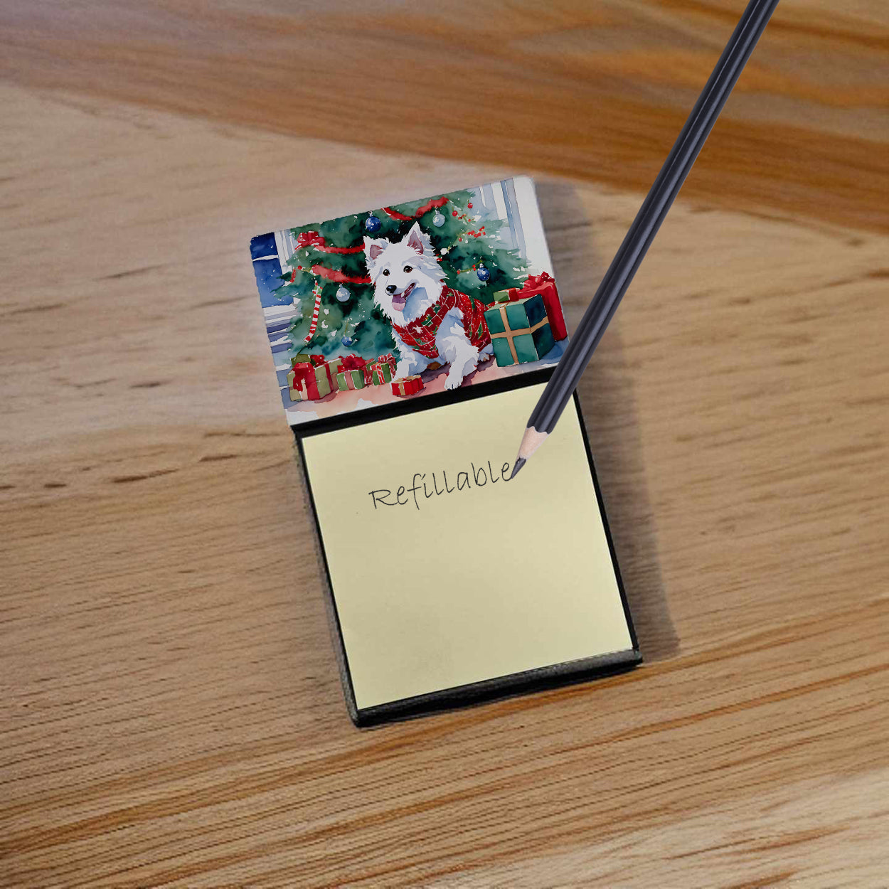 Caroline's Treasures Japanese Spitz Cozy Christmas Sticky Note Holder- Refiilable Desk Accessory Note Pad