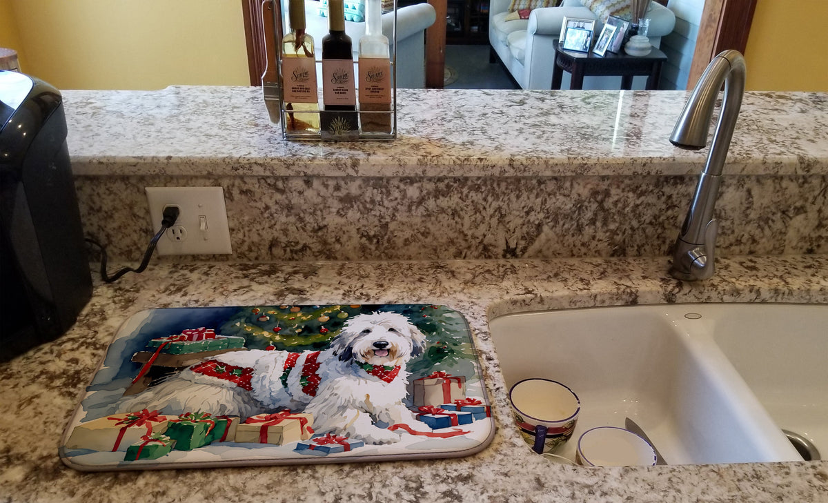 Caroline's Treasures Old English Sheepdog Cozy Christmas Dish Drying Mat