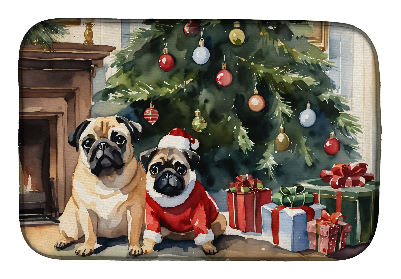 Caroline's Treasures Pug Cozy Christmas Dish Drying Mat