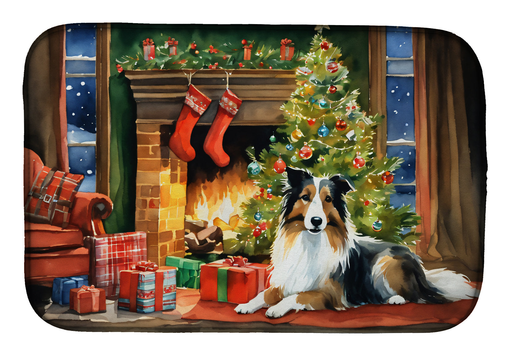 Caroline's Treasures Sheltie Cozy Christmas Dish Drying Mat