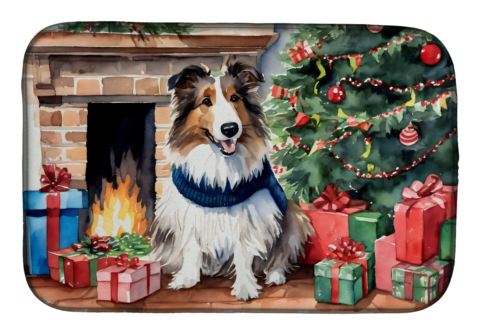 Caroline's Treasures Sheltie Cozy Christmas Dish Drying Mat