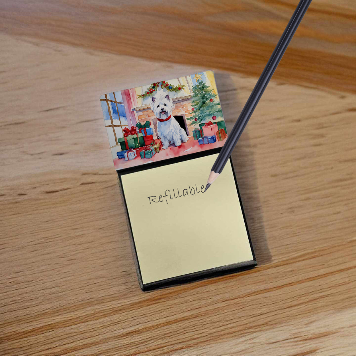 Caroline's Treasures Westie Cozy Christmas Sticky Note Holder- Refiilable Desk Accessory Note Pad