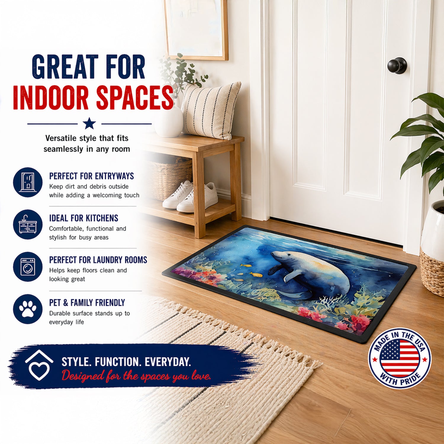 Manatee Doormat Front Door Mat Indoor Outdoor Rugs for Entryway, Non Slip Washable Low Pile, 18H X 27W