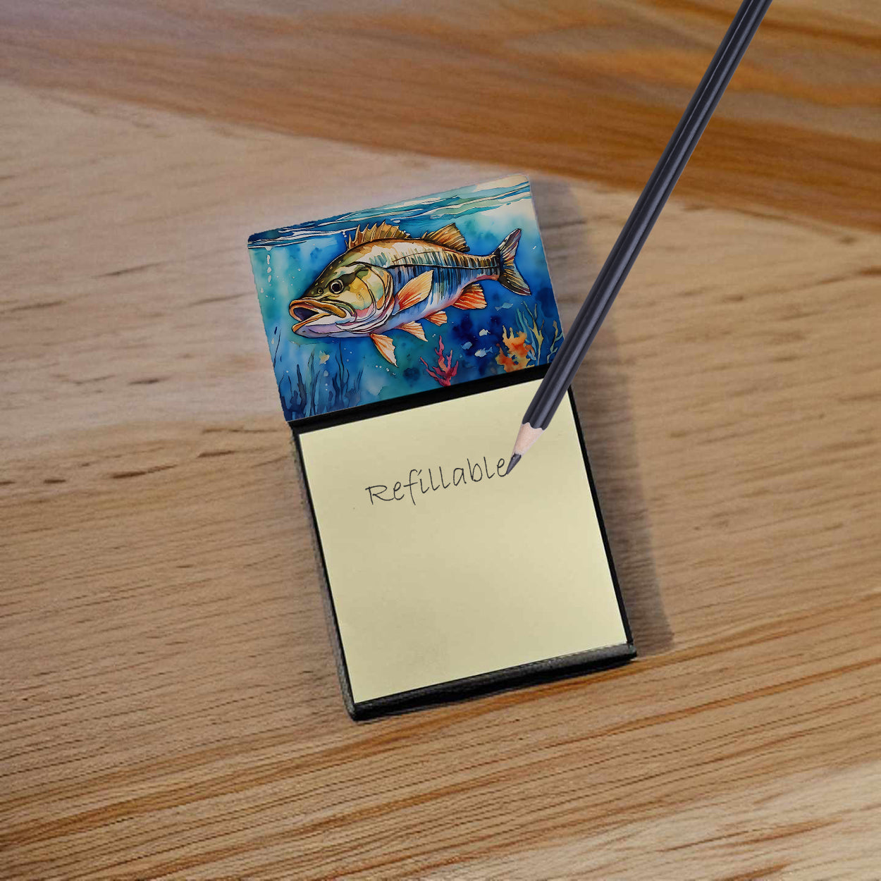 Caroline's Treasures Striped Bass Sticky Note Holder- Refiilable Desk Accessory Note Pad
