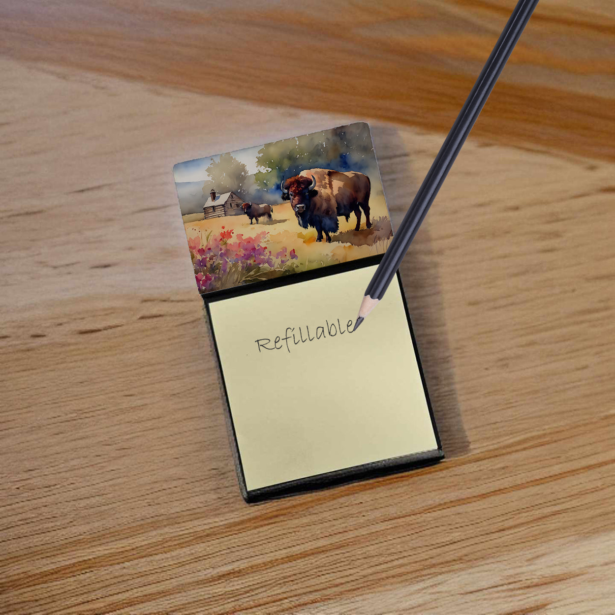 Caroline's Treasures Wood Bison Sticky Note Holder- Refiilable Desk Accessory Note Pad