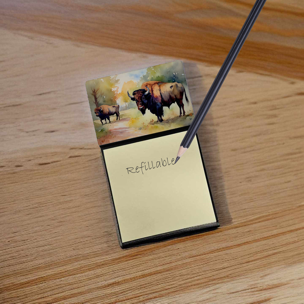 Caroline's Treasures Wood Bison Sticky Note Holder- Refiilable Desk Accessory Note Pad