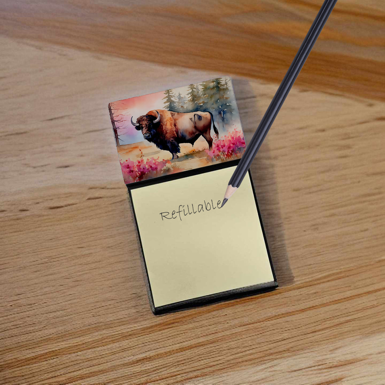 Caroline's Treasures Wood Bison Sticky Note Holder- Refiilable Desk Accessory Note Pad