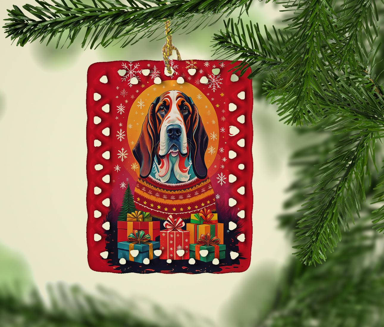 Caroline's Treasures Basset Hound Holiday Christmas Porcelain Ornament