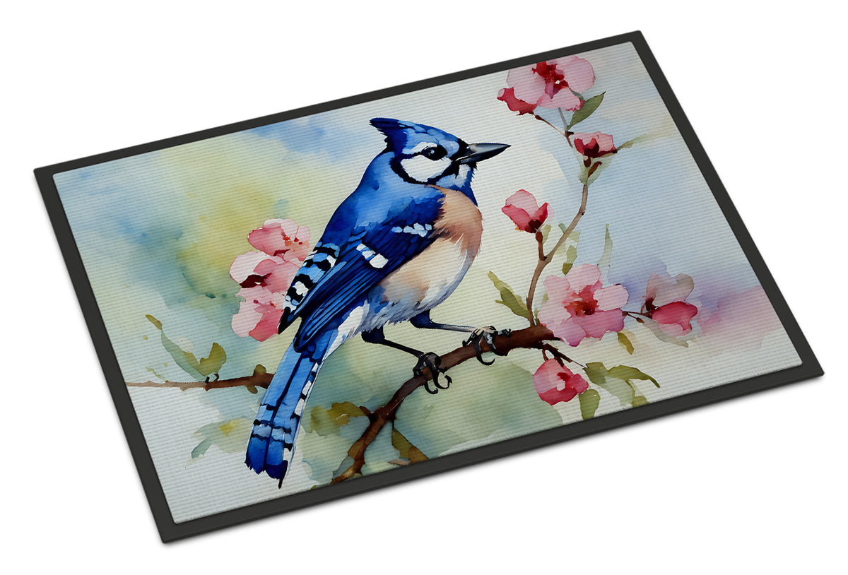 Caroline's Treasures Blue Jay on Blossom Branch Doormat Front Door Mat Indoor Outdoor Rugs for Entryway, Non Slip Washable Low Pile, 18H X 27W