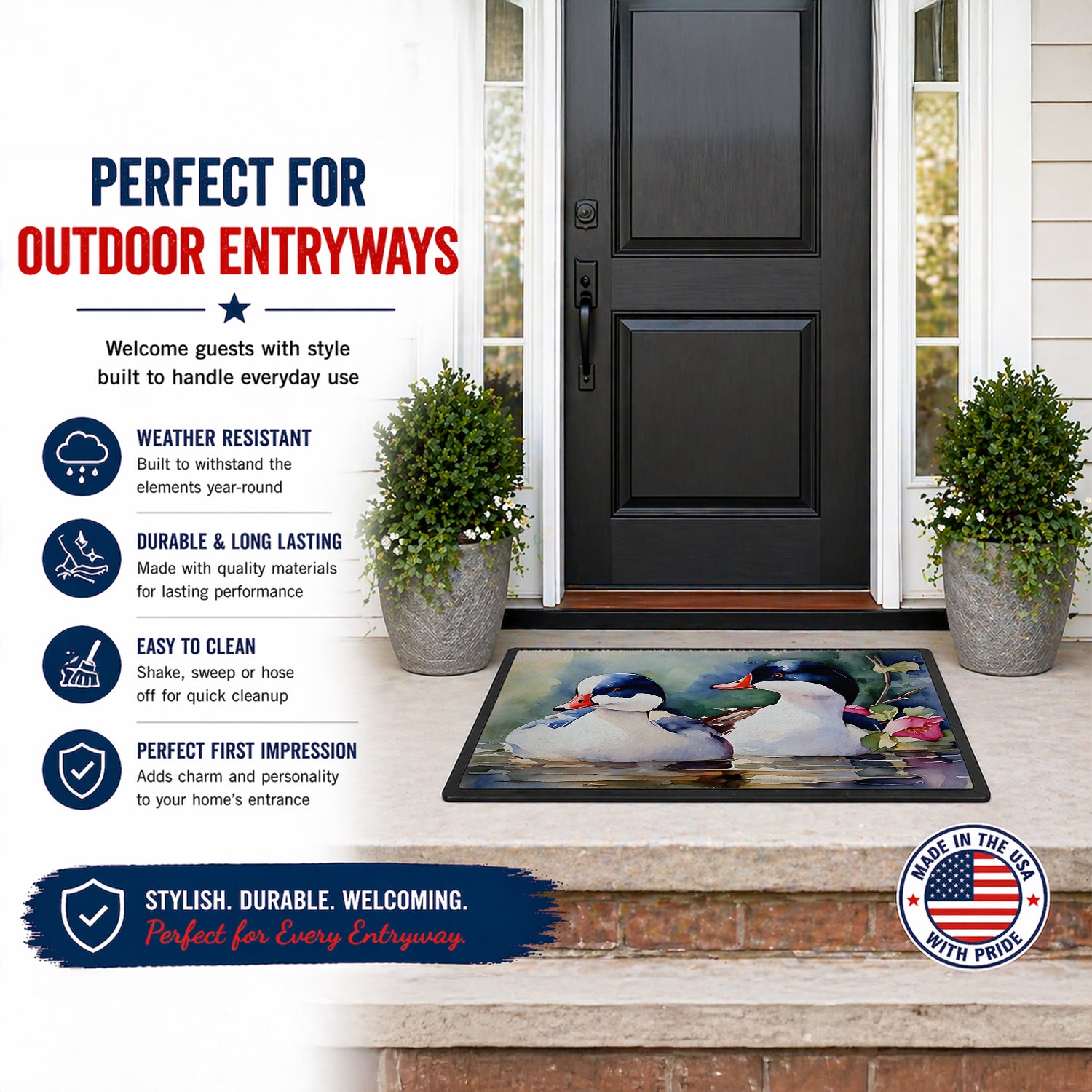 Caroline's Treasures Bufflehead Hooded Merganser Pair Swimming Doormat Front Door Mat Indoor Outdoor Rugs for Entryway, Non Slip Washable Low Pile, 18H X 27W