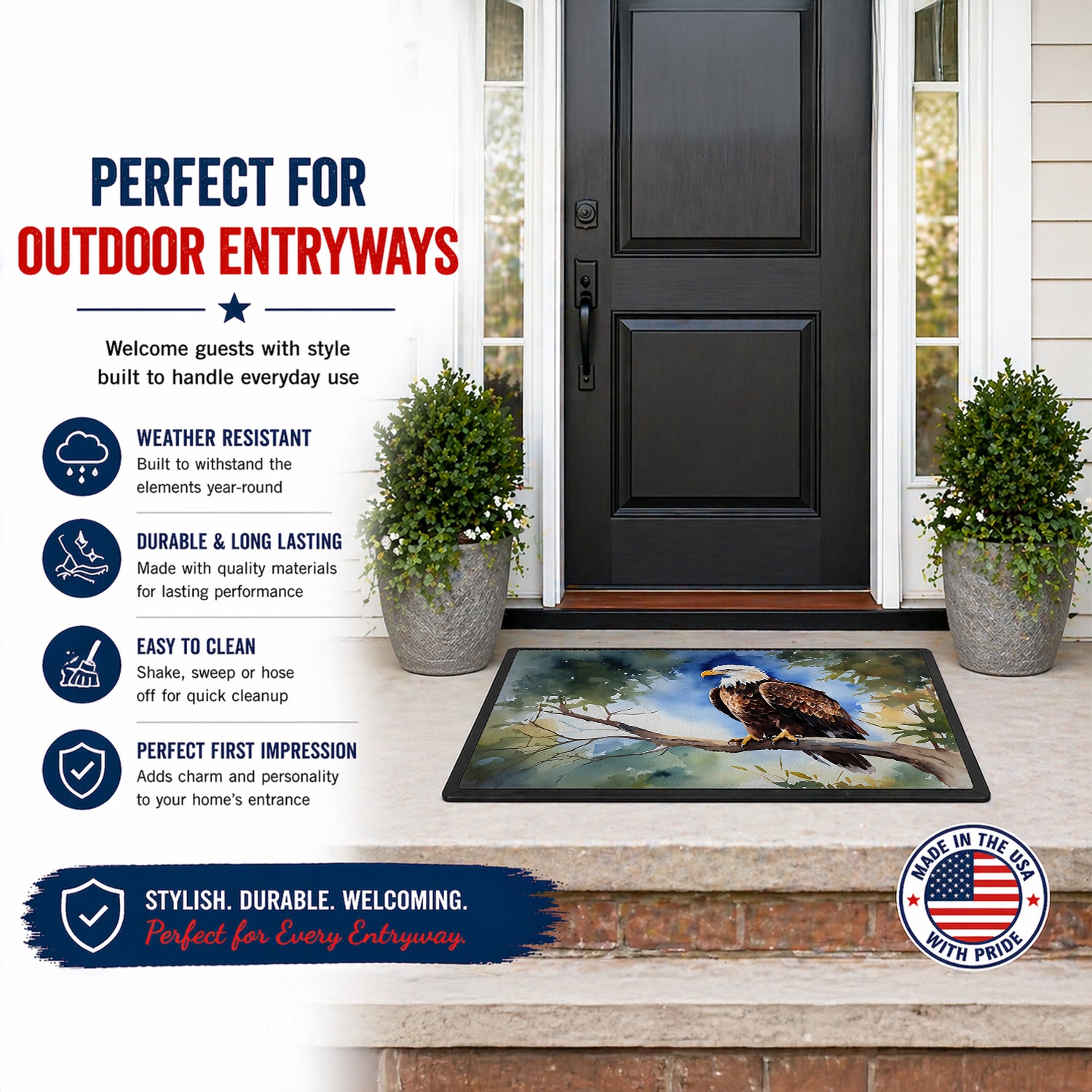 Caroline's Treasures Bald Eagle Perched Tree Branch Doormat Front Door Mat Indoor Outdoor Rugs for Entryway, Non Slip Washable Low Pile, 18H X 27W