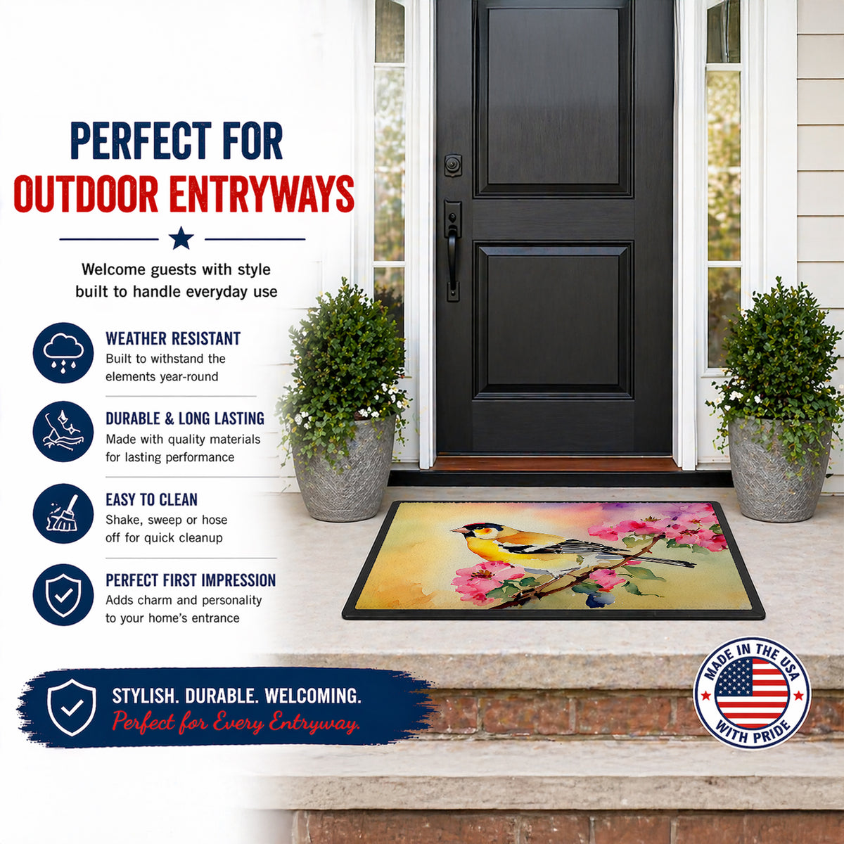 American Goldfinch with Blossoms Doormat Front Door Mat Indoor Outdoor Rugs for Entryway, Non Slip Washable Low Pile, 18H X 27W
