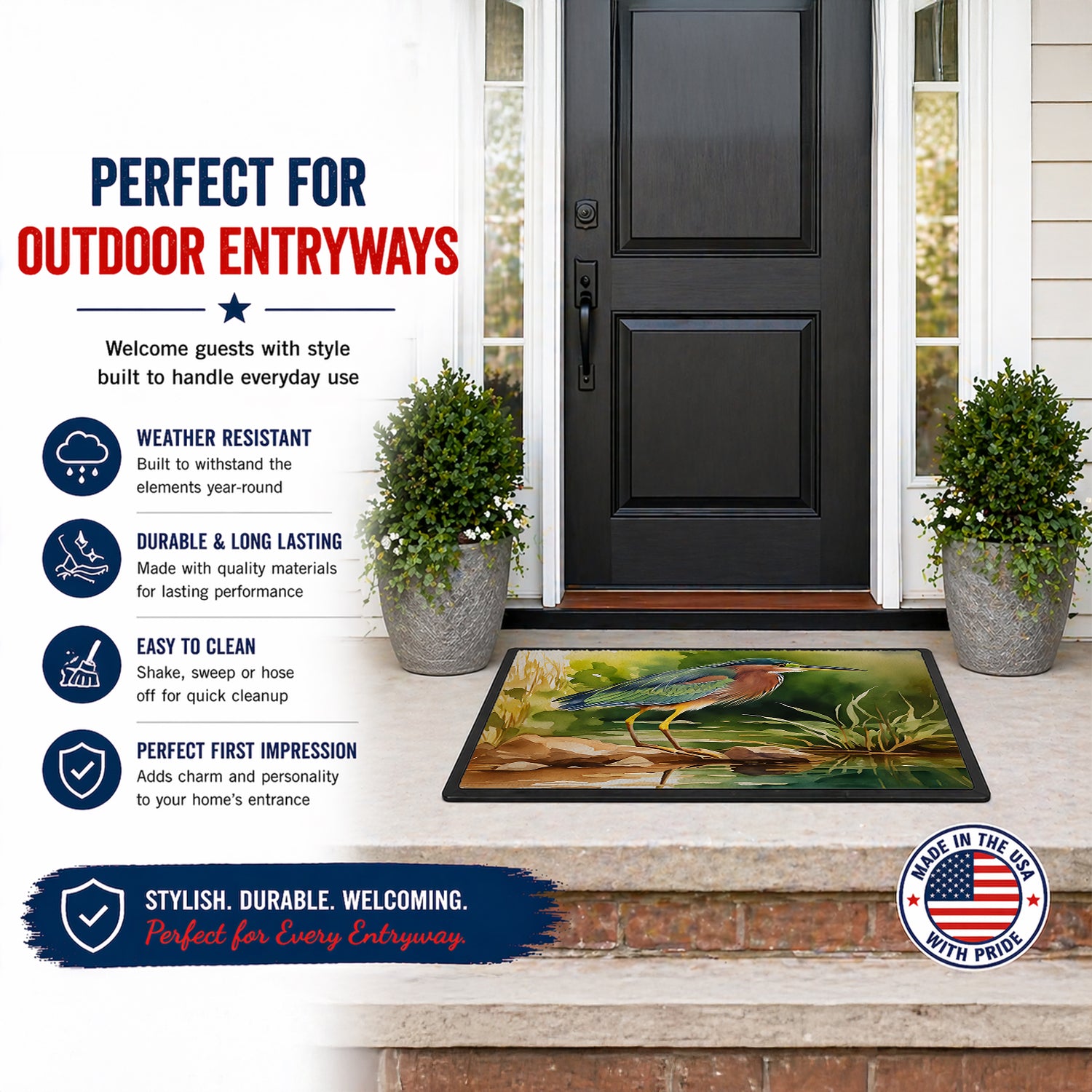 Caroline's Treasures Green Heron Standing Shoreline Doormat Front Door Mat Indoor Outdoor Rugs for Entryway, Non Slip Washable Low Pile, 18H X 27W