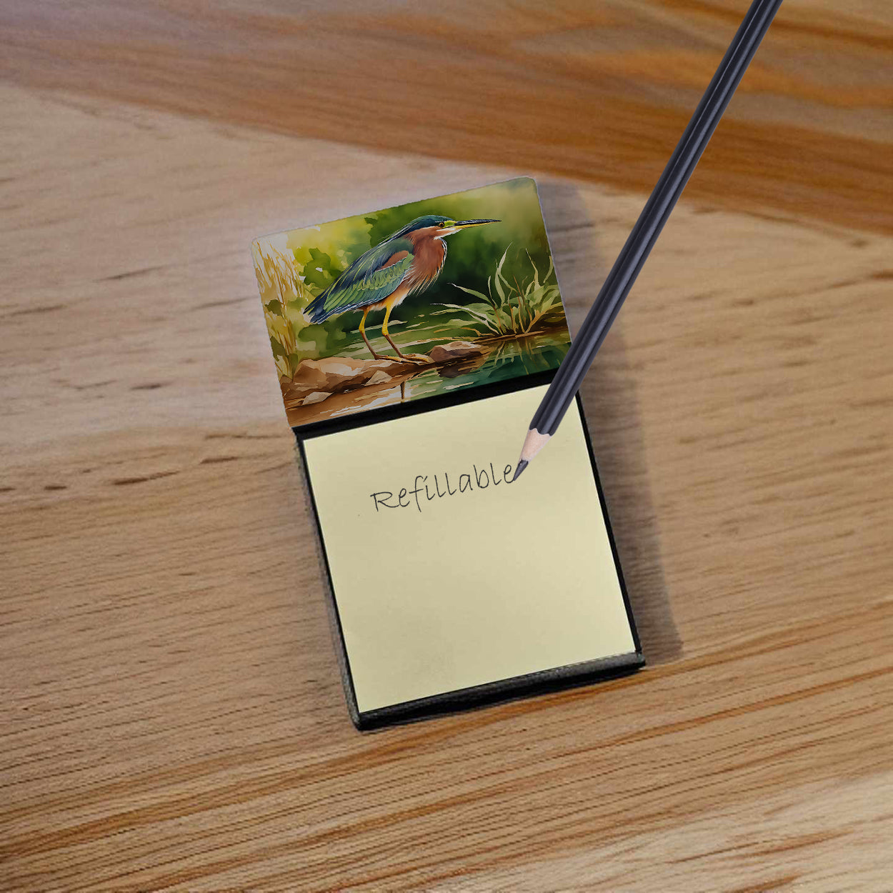 Caroline's Treasures Green Heron Sticky Note Holder- Refiilable Desk Accessory Note Pad