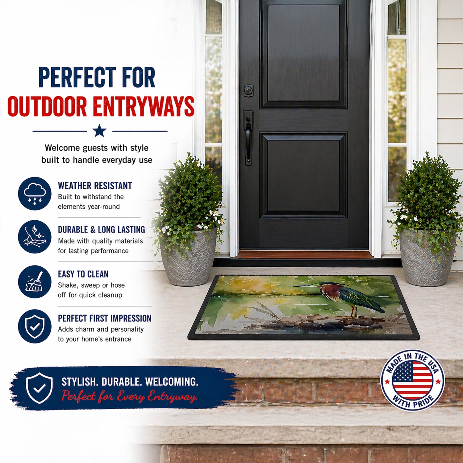 Caroline's Treasures Green Heron by Water Edge Doormat Front Door Mat Indoor Outdoor Rugs for Entryway, Non Slip Washable Low Pile, 18H X 27W
