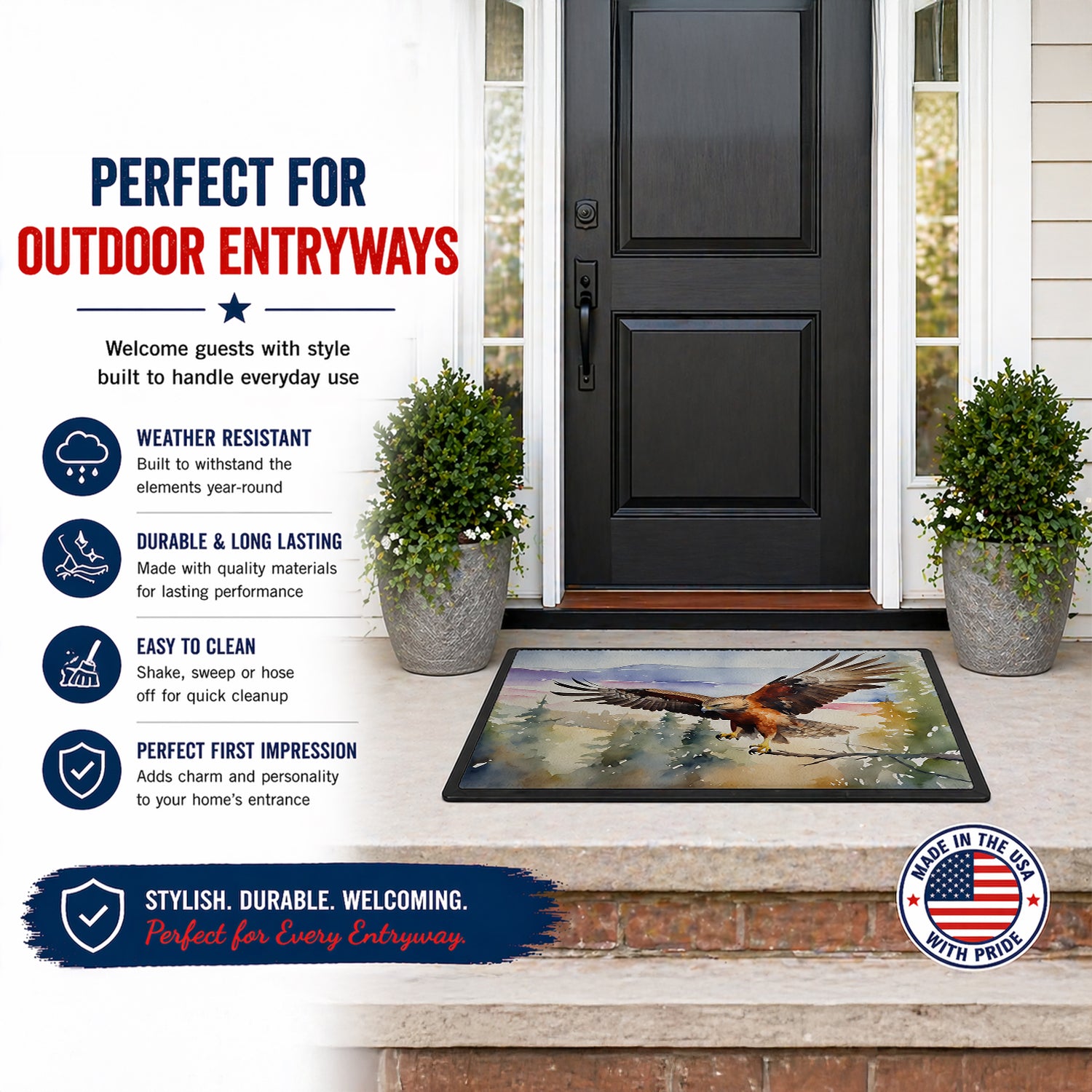Caroline's Treasures Red Tailed Hawk Flying Landscape Doormat Front Door Mat Indoor Outdoor Rugs for Entryway, Non Slip Washable Low Pile, 18H X 27W